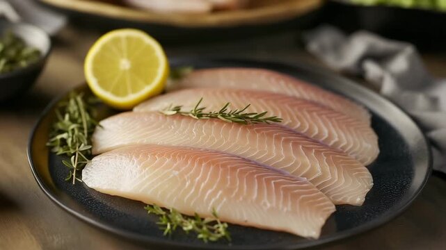 Fresh pangasius fillets with lemon and parsley on marble countertop