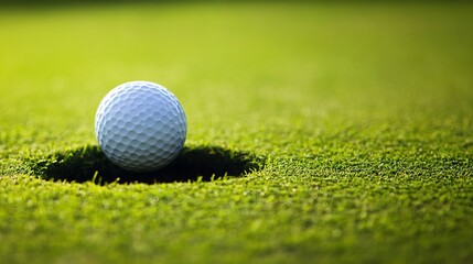 A close-up of a golf ball poised at the edge of a hole on a lush green golf course, capturing the essence of the sport.