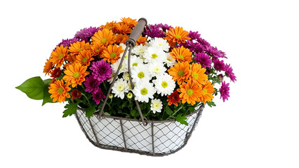 Colorful Flower Basket with Bright Orange White and Pink Blooms on Transparent Background