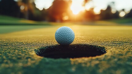 A close-up of a golf ball poised near the hole on a putting green during a beautiful sunset.