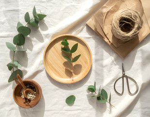 A minimalist eco flat lay showcasing organic textures and sunlight for sustainable lifestyle visuals.