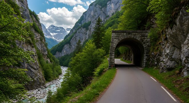 Winding road through a mountain gorge, passing a stone tunnel, with a river alongside - Powered by Adobe