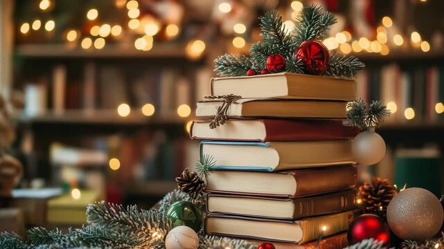 Stack of old books decorated with christmas ornaments and lights in a library