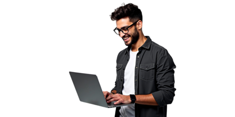 Happy young man with glasses using a laptop, smiling while working or studying online, isolated on transparent