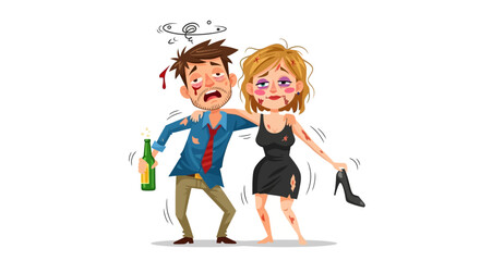 Drunk Couple Walking Together Illustration of a Man and Woman with Alcohol Bottle