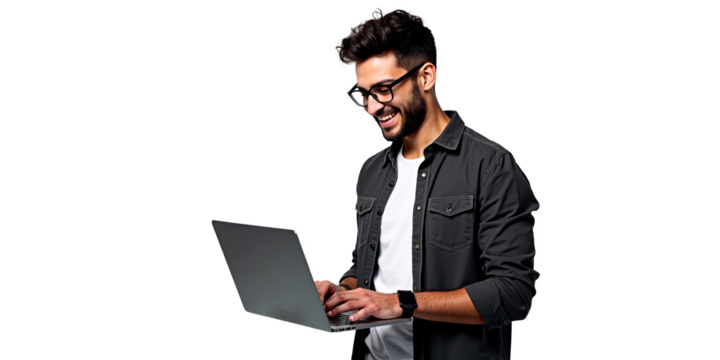 Happy young man with glasses using a laptop, smiling while working or studying online, isolated on transparent