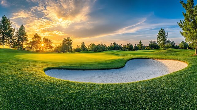 A serene golf course scene at sunset, showcasing lush green grass and a tranquil sand trap under a colorful sky.