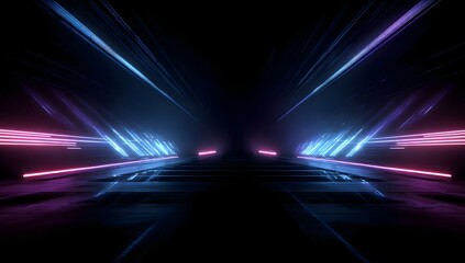 Futuristic glowing tunnel with vibrant blue and pink neon lights creating a sense of depth and motion isolated on transparent background
