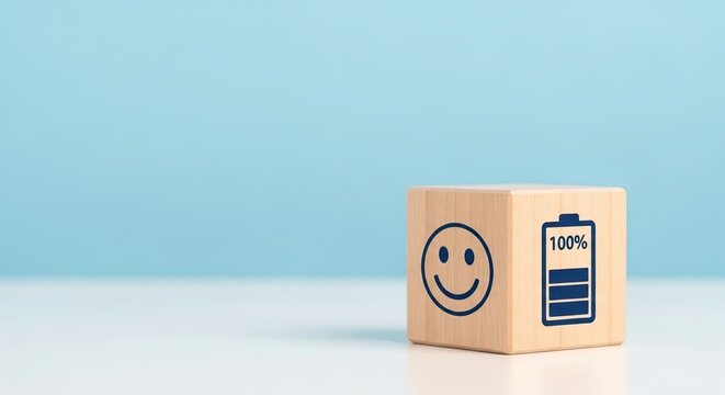 Mental Health in the workplace, A wooden block features a smiling face and a fully charged battery icon against a light blue background, positivity and energy.