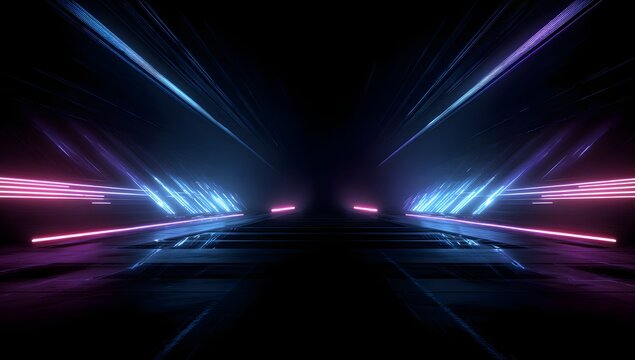 Futuristic glowing tunnel with vibrant blue and pink neon lights creating a sense of depth and motion isolated on transparent background