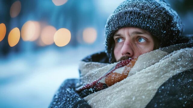 Frozen man shivering in cold weather wrapped in blanket