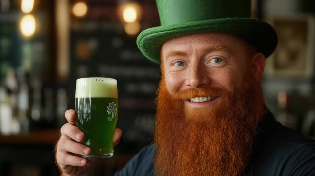 Happy redhead man wearing green leprechaun hat holding green beer celebrating saint patrick's day