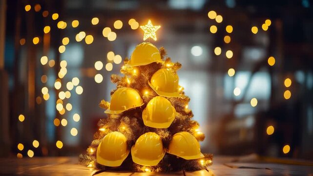 Christmas tree made of yellow helmets in honor of the builders on the background of festive lights