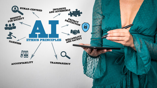Artificial intelligence ethics principles concept with businesswoman using digital tablet illustrating fairness transparency accountability and privacy protection
