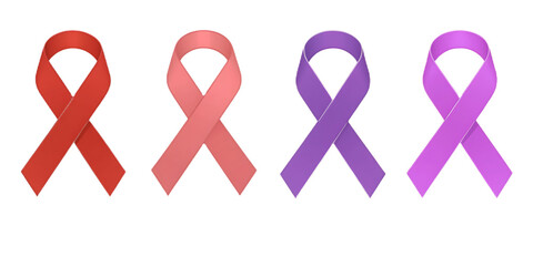 world cancer day set of ribbons red pink purple isolated on white background png, ai generated