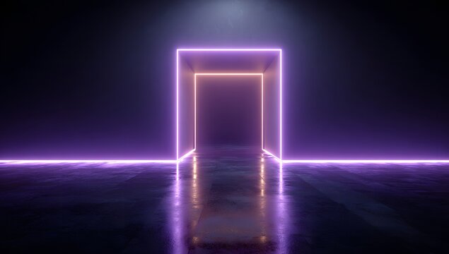 Futuristic glowing portal doorway with purple and orange neon lights reflecting on a dark wet surface isolated on transparent background