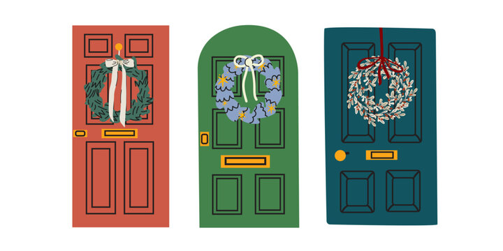 Entrance doors set decorated with traditional Christmas wreath in cartoon retro style. Xmas decorated home front door. Winter holiday vector illustration
