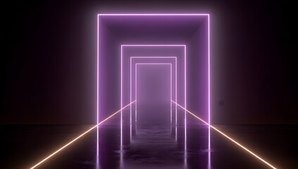 Endless glowing purple rectangular corridor with illuminated lines on the floor creating a futuristic and abstract tunnel effect isolated on transparent background