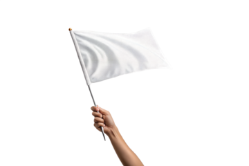 Hand holding a small waving blank white flag on a stick, isolated on a transparent PNG background. Perfect for mockups, protest signs, surrender symbolism, peace messages, announcements, and customiza