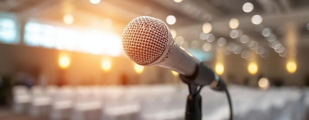 The Microphone on a Stand Ready for Speech in a Conference Hall