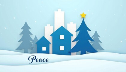 Fototapeta premium Minimalist paper-cut winter village with snowy hills, pine trees and a glowing star. Calm, serene and dreamy — perfect for cards, decor or tranquil seasonal designs.