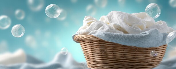 The Laundry Basket Filled With Fresh Towels and Floating Soap Bubbles