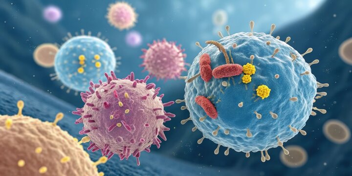 Detailed illustration of immune cells battling viruses and bacteria