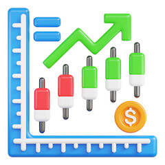 3D Render of a Financial Growth Chart with Green Upward Arrow Candlestick Graph and Gold Coin Showing Positive Market Trend on Transparent Background