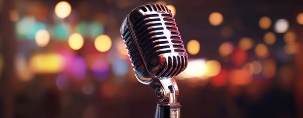 The Microphone Centered on a Stage with Warm Bokeh Lights and Retro Ambience