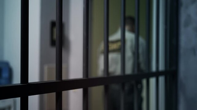 Prison guard placing inmate into cell and removing handcuffs, confinement scene