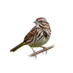 Beautiful song sparrow perching gracefully on a branch, a serene moment in nature's symphony with intricate detail and lovely brown, tan and white plumage