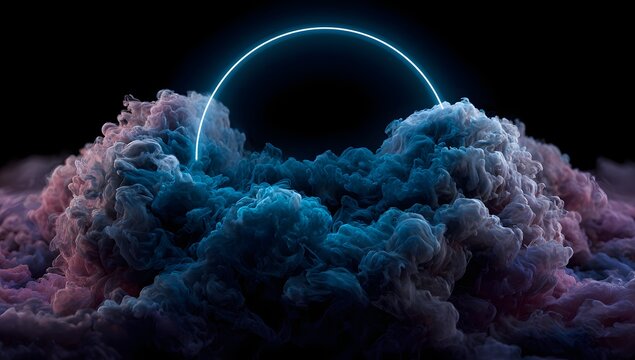 Ethereal glowing neon ring suspended above swirling colorful cosmic clouds and nebulae in deep space isolated on transparent background