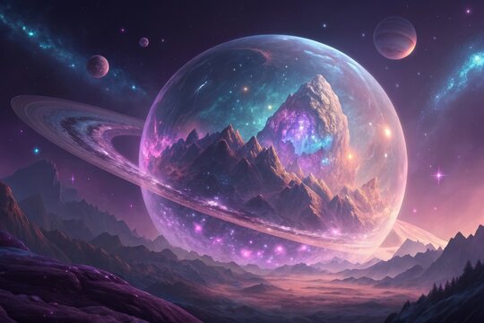 A shimmering crystal planet with gemstone mountains in space