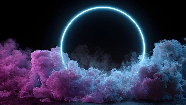 Abstract glowing neon oval portal emerging from swirling colorful ethereal mist and smoke isolated on transparent background