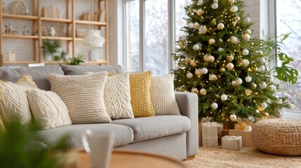 Cozy Living Room Decorated for Christmas with Stylish Couch and Elegant Christmas Tree and Gifts