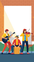 Street musicians playing guitar drum and violin in the city