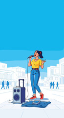 Woman Singing with Microphone on a Street in a City Scene