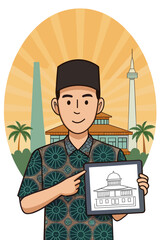 Young man in batik and songkok holding a drawing tablet