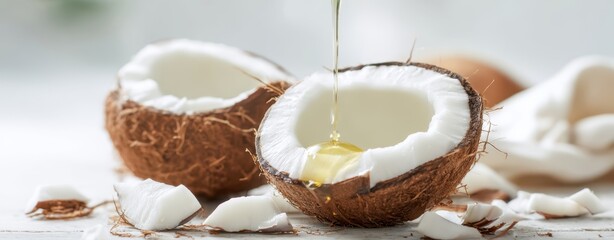 The Coconut Halves with Dripping Oil and Fresh Broken Coconut Pieces on White Surface