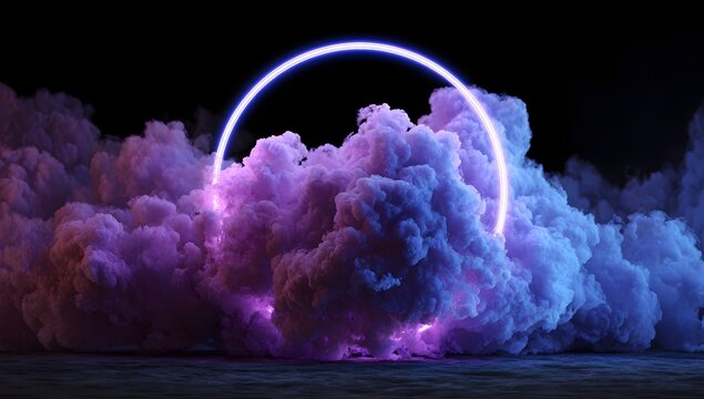 Ethereal glowing neon ring arches over swirling mystical purple and blue clouds creating a surreal atmospheric portal isolated on transparent background