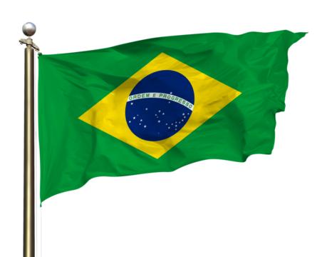 Transparent Background Cutout Brazil's Ordem E Progresso Flag Waving In The Wind On A Beautiful Summer Blue Sky