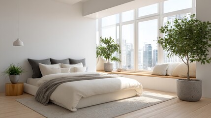 Bright Minimalist Bedroom with Cozy Bedding and Large Windows Overlooking an Urban Landscape