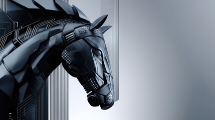 Black futuristic horse sculpture made of geometric shapes and digital elements in a modern setting
