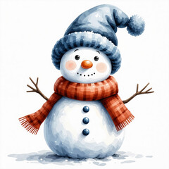 Cute snowman outside. Merry Christmas and happy new year. winter holidays. watercolor drawing. artificial intelligence generator, AI, neural network image. background for the design