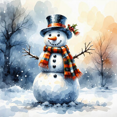 Cute snowman outside. Merry Christmas and happy new year. winter holidays. watercolor drawing. artificial intelligence generator, AI, neural network image. background for the design