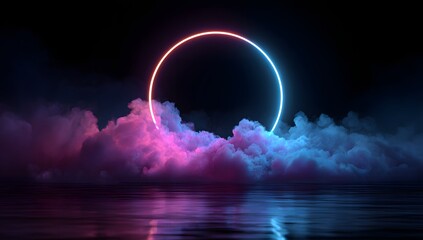 Vibrant neon ring glowing with pink and blue light surrounded by ethereal clouds reflecting on a dark water surface isolated on transparent background