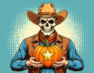 Lone ranger skeleton holds pumpkin for spooky Halloween in Texas