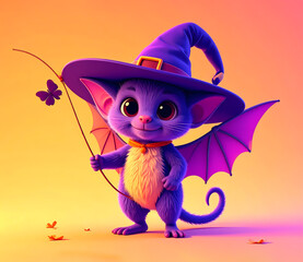 A halloween creature with a butterfly, wearing a pointy purple hat