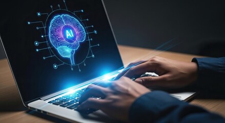 A person typing on a laptop with a glowing brain graphic, artificial intelligence.