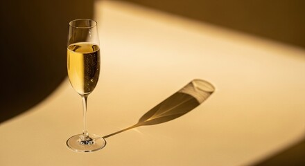 A sparkling champagne flute casts a delicate shadow on a smooth, beige surface, mockup elegant and minimalist visual composition.